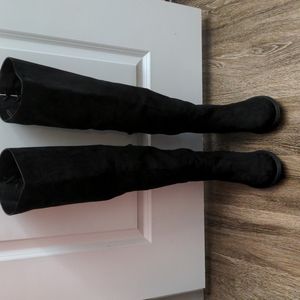 NWOT Sexy, Black Thigh High Vegan Suede Boots with Back Lacing Size 11W Wide